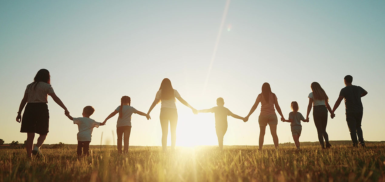 The silhouettes of a large family or group of adults and children holding hands in the park during sunset.The silhouettes of a large family or group of adults and children holding hands in the park du